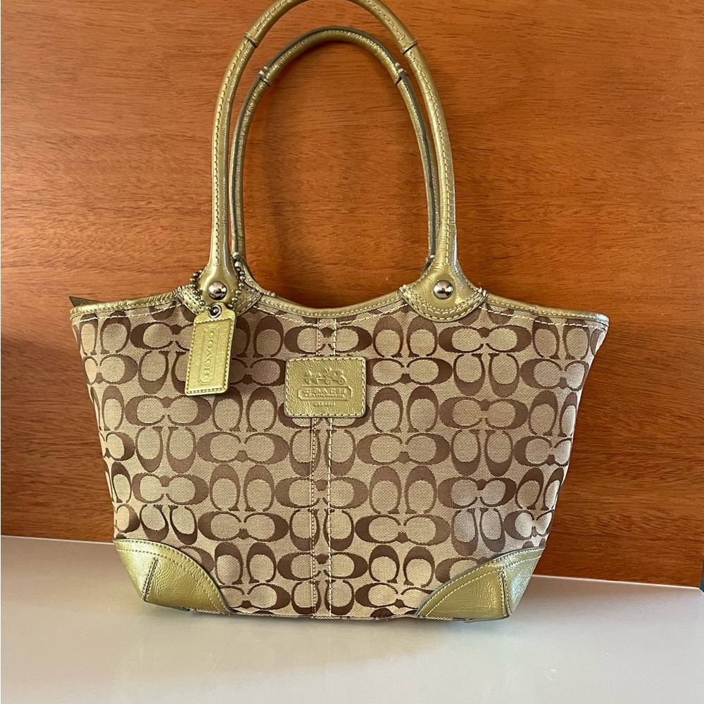 Vintage Coach signature Bleeker Tote in khaki canvas & gold leather trim